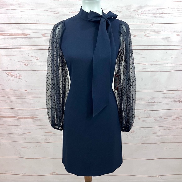 NWT Vince Camuto Bow Neck Sheer Puffy Polka Dot Long Sleeve Shift Dress - Picture 14 of 15